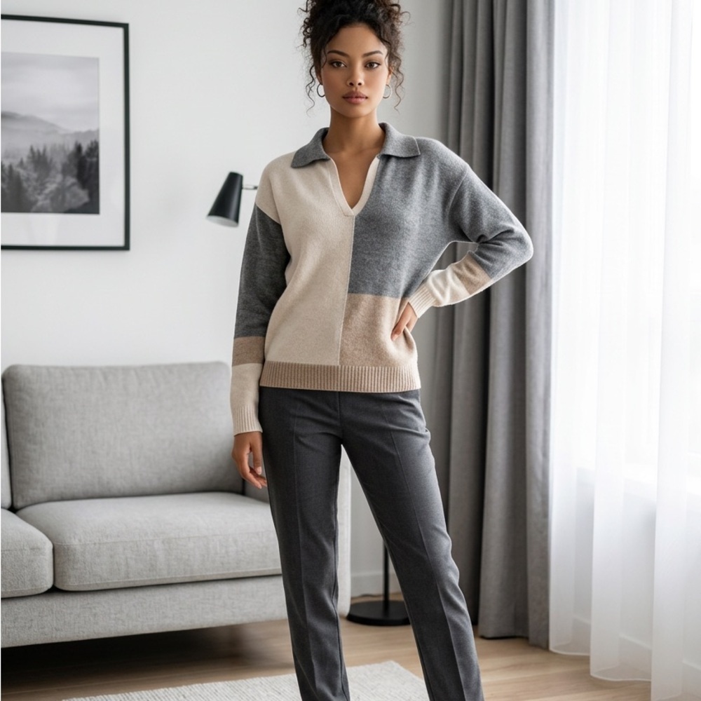 Verve Ami Women’s Small NWT Color-block Heathered Fawn/Cream/Tan Knit V-Neck Top